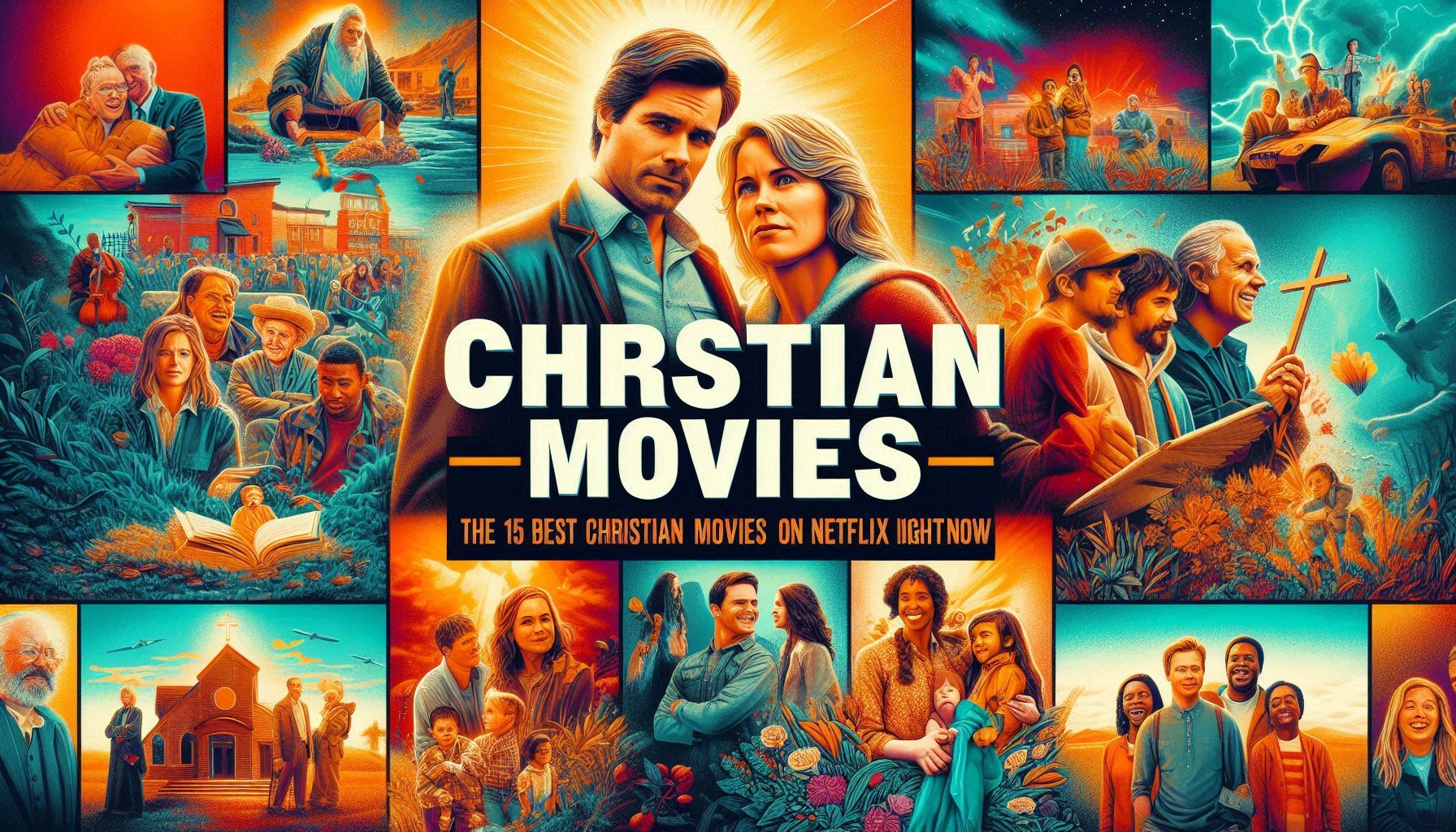 An eye-catching and visually appealing image featuring a collage of scenes from Christian movies available on Netflix. The image should include vibrant colors and engaging visuals, showcasing key elements like faith, family, and inspiration. Prominently displayed text reads 'Christian Movies: The 15 Best Christian Movies on Netflix Right Now' in bold, clear font. The text should be easy to read and well-integrated into the design, ensuring both the visuals and the text stand out."